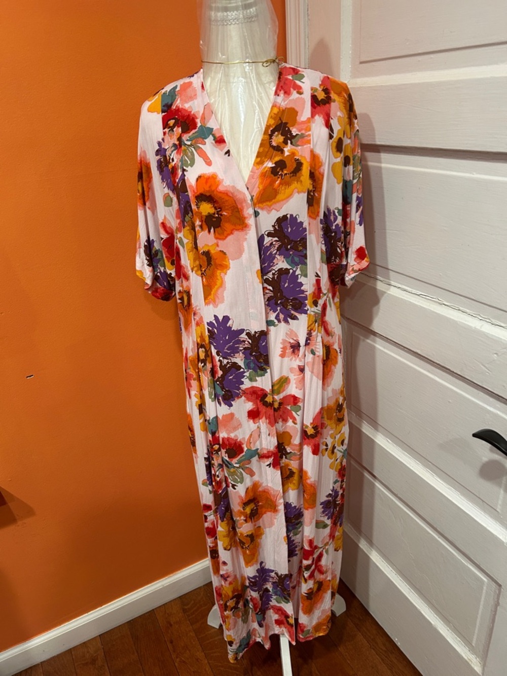 H&M Pink Maxi Dress with Orange, Purple and Red Floral Print